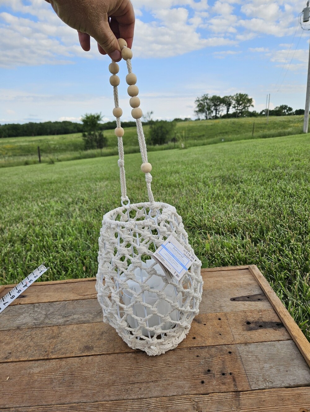 Ashland Macrame Hanging Lantern - Boho Nautical Glass Candle Holder - Wood Bead